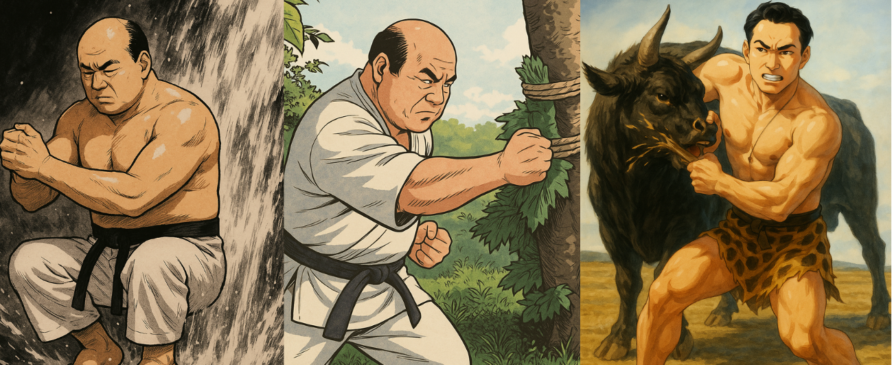 "Oyama en el retiro de las montañas. Oyama contra un toro."